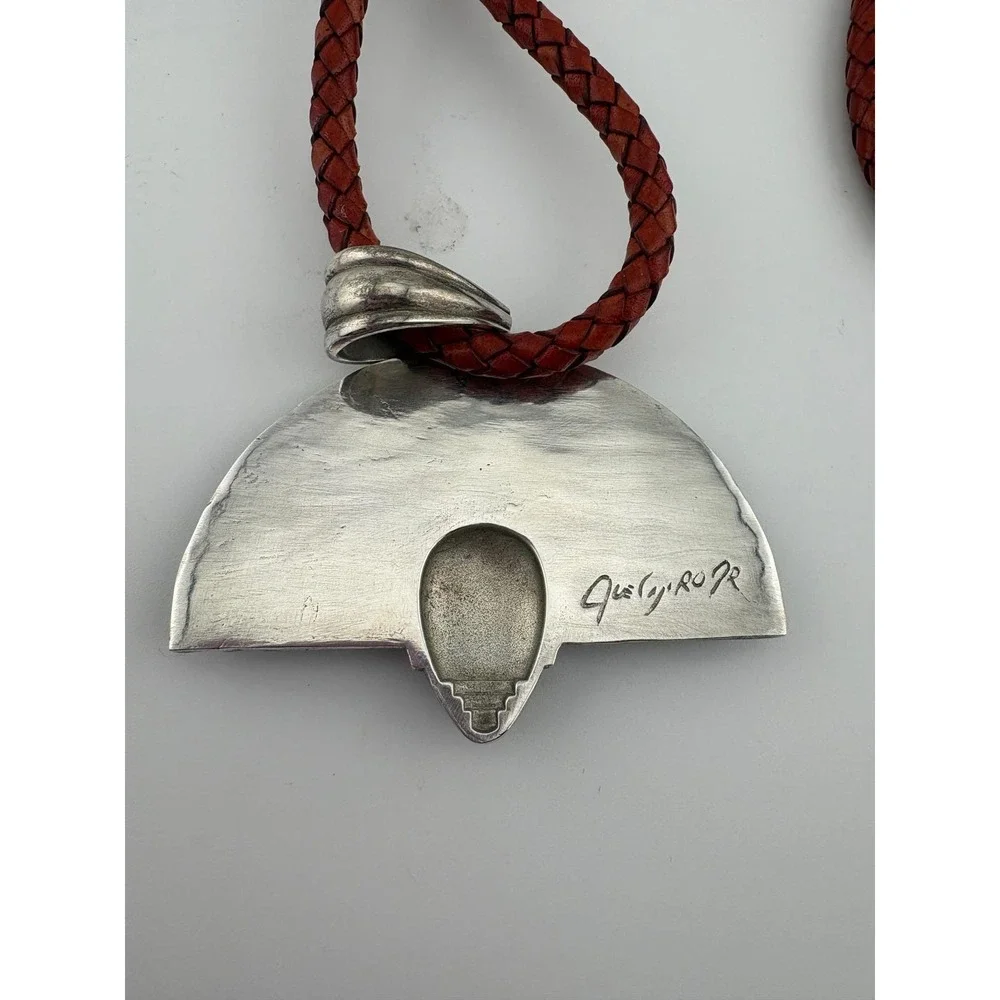 Joe Cajero Sterling‎ Silver Mask Pendant Necklace Braided Leather Cord Artisan